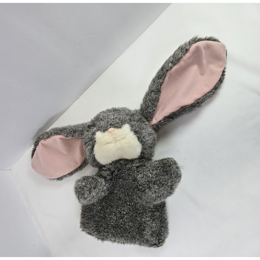Vintage Russ Berrie Buppet Gray Bunny Rabbit Hand Puppet Plush Long Ears Pink 8"